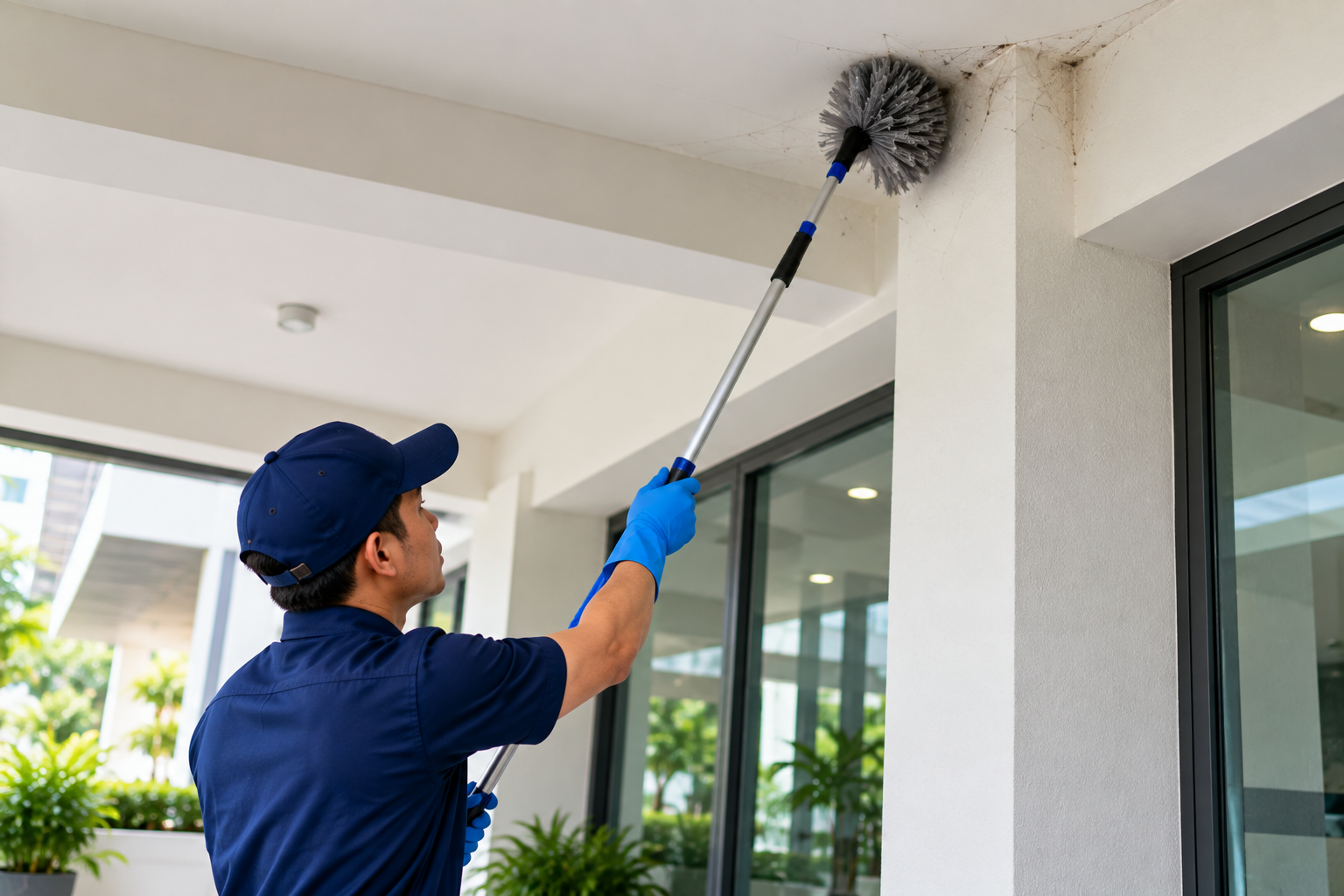 Cleaning Cobwebs in a Modern Corridor Cleaning Cobwebs in a Modern Corridor