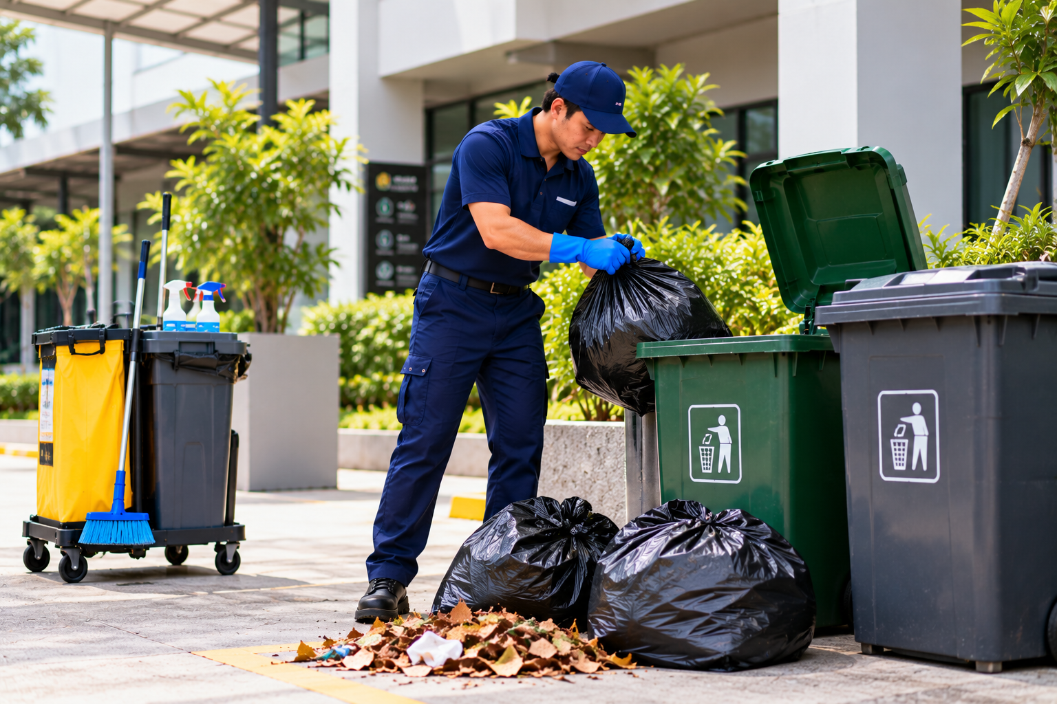 Janitor Sorting Waste Outdoors Janitor Sorting Waste Outdoors