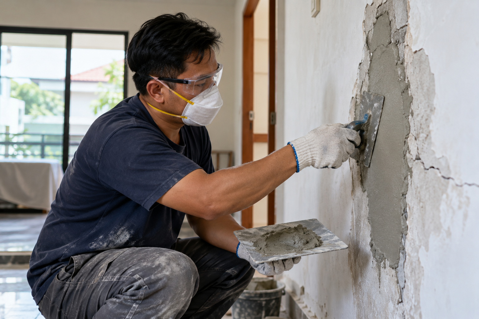 Malaysian Craftsman Repairs a Cracked Plaster Wall-2 Malaysian Craftsman Repairs a Cracked Plaster Wall-2