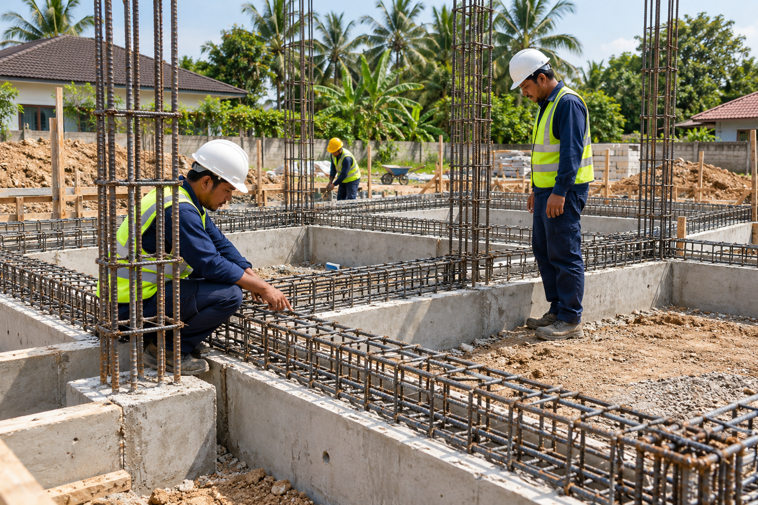 Malaysian Workers Inspect Reinforced Footings-3 Malaysian Workers Inspect Reinforced Footings-3