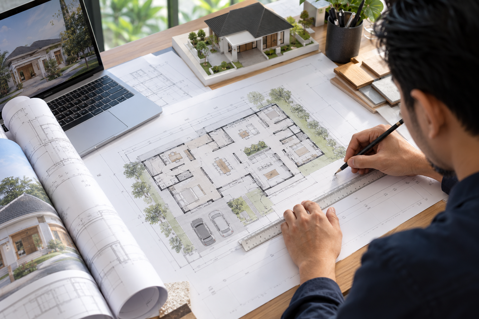 Malaysian architect drafting a modern home plan-1 Malaysian architect drafting a modern home plan-1