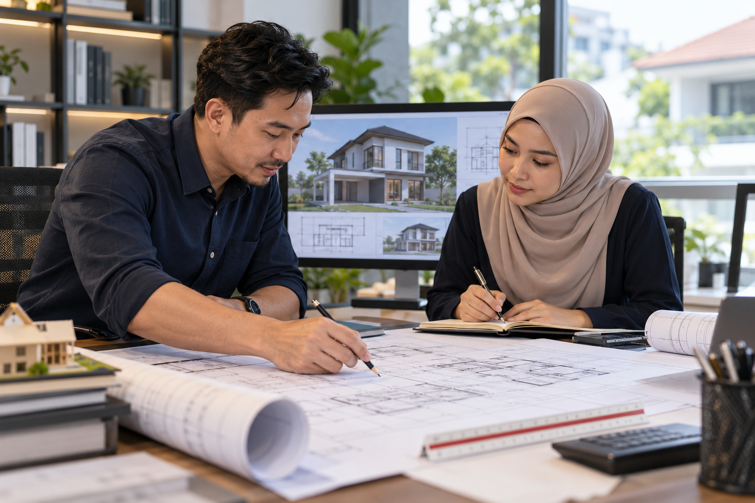 Malaysian architects reviewing revised house plans-3 Malaysian architects reviewing revised house plans-3