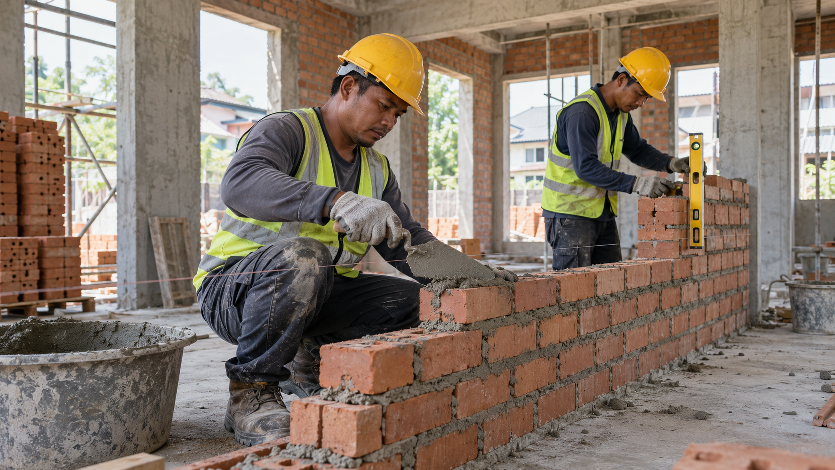 Malaysian workers building a brick wall