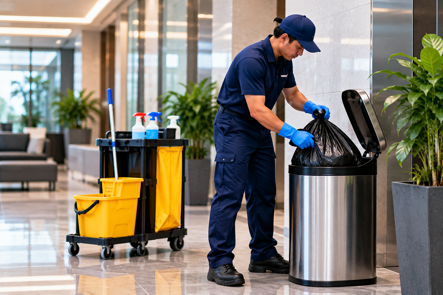 Office Cleaner Handling Trash in Modern Lobby Office Cleaner Handling Trash in Modern Lobby