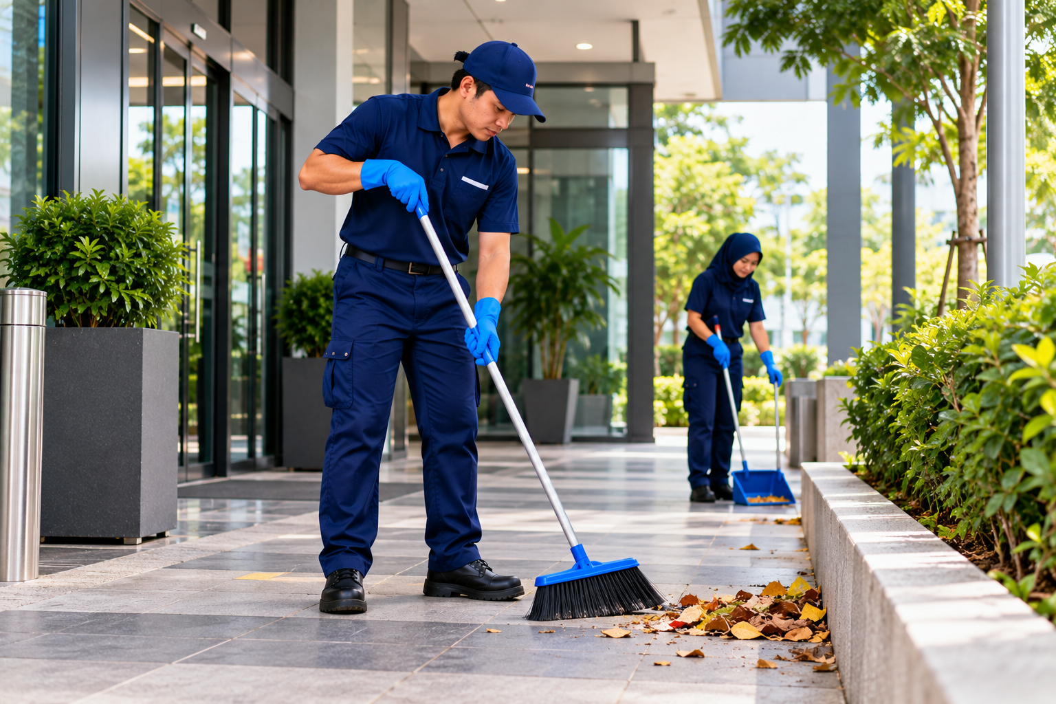 Office Entrance Cleaning Crew Sweeping Leaves Office Entrance Cleaning Crew Sweeping Leaves