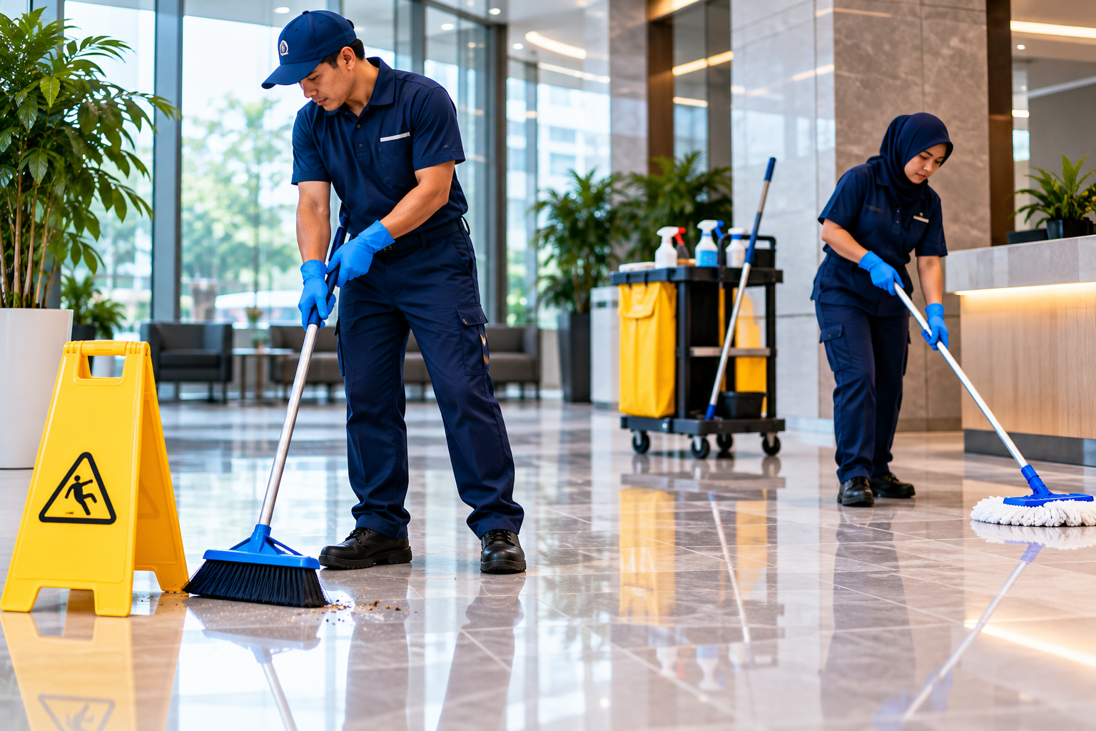 Professional Cleaners in a Modern Lobby Professional Cleaners in a Modern Lobby