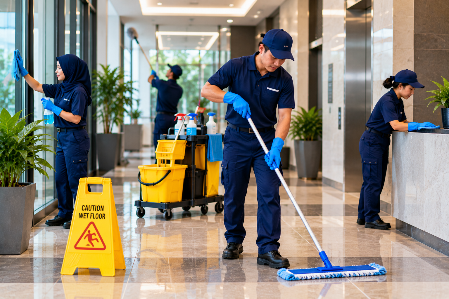 Professional Cleaning Crew in Modern Lobby Professional Cleaning Crew in Modern Lobby