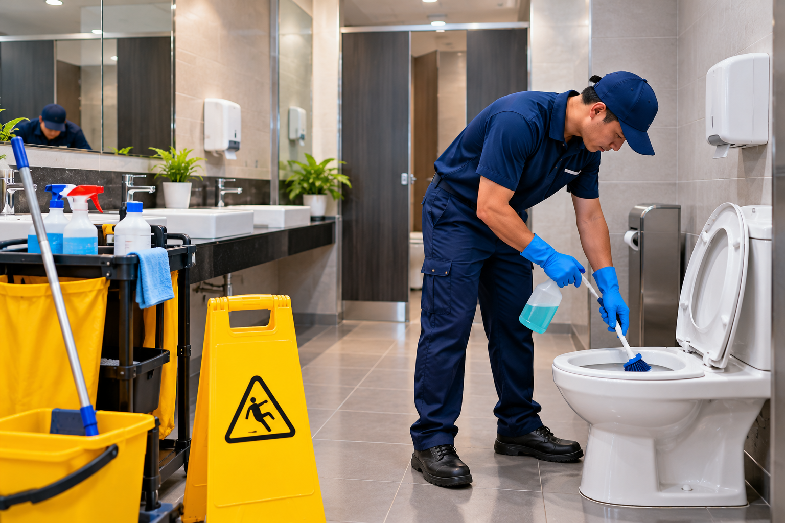 Professional Restroom Cleaning Scene Professional Restroom Cleaning Scene